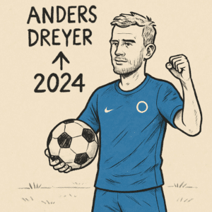 Anders Dreyer i blå fodboldtrøje på banen, symboliserer Anders Dreyer løn-opdatering 2024