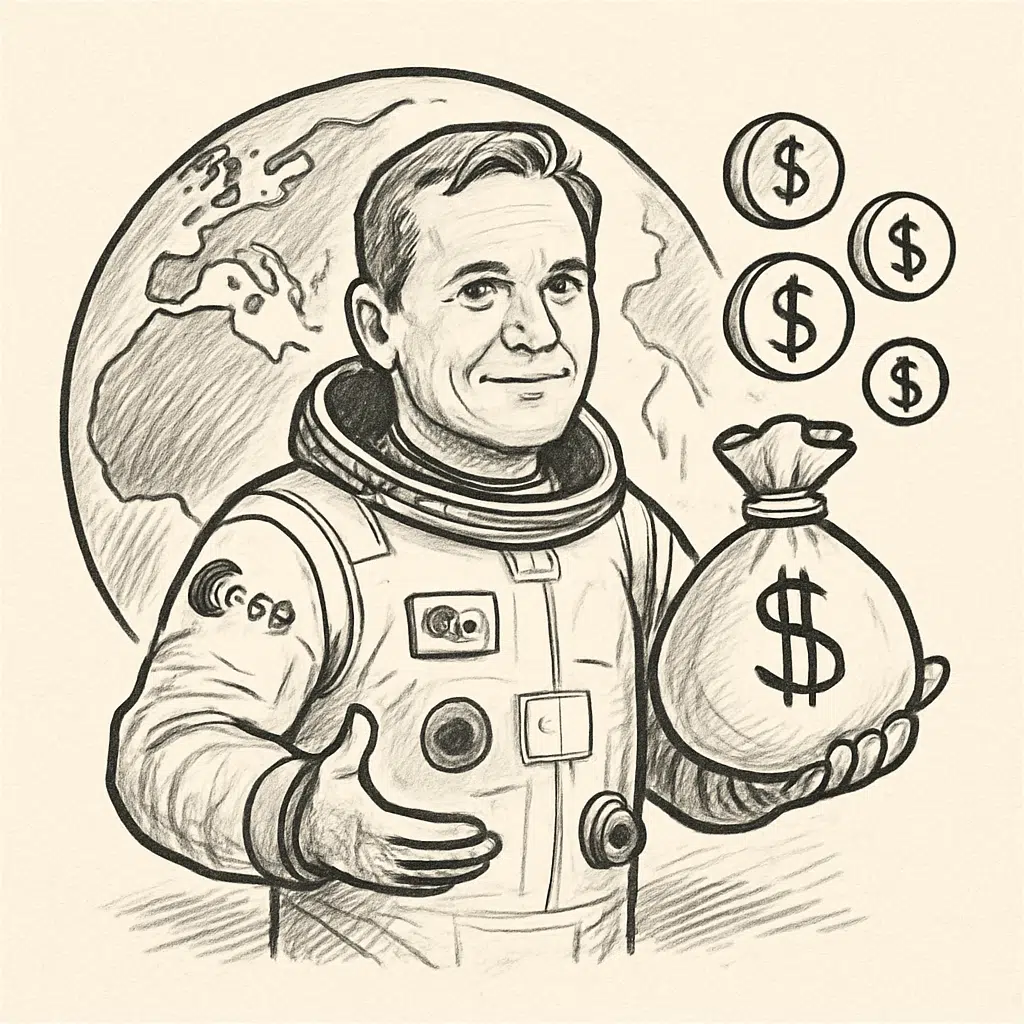 Astronaut Andreas Mogensen i ESA-rumdragt foran en model af Jorden, illustrerer Andreas Mogensen løn, bonusser og fordele