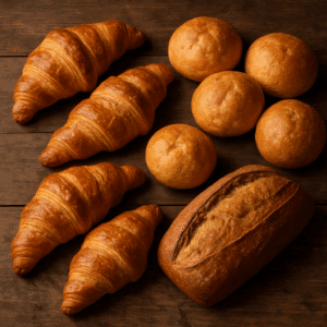 Forskellige bagværk: croissanter, boller og brød arrangeret på rustikt træbord