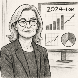 Portræt af Barbara Bertelsen i professionelt miljø med grafer over 2024-lønstatistik på skærmen