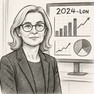 Portræt af Barbara Bertelsen i professionelt miljø med grafer over 2024-lønstatistik på skærmen