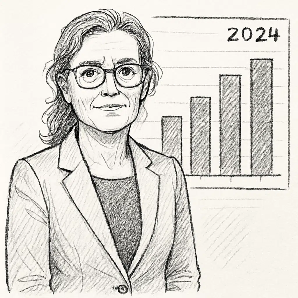 Portræt af Barbara Bertelsen i professionelt miljø med grafer over 2024-lønstatistik på skærmen