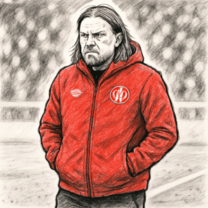 Bo Henriksen, Mainz-træner, står fokuseret på sidelinjen i sin røde klubjakke under en Bundesliga-kamp