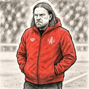 Bo Henriksen, Mainz-træner, står fokuseret på sidelinjen i sin røde klubjakke under en Bundesliga-kamp