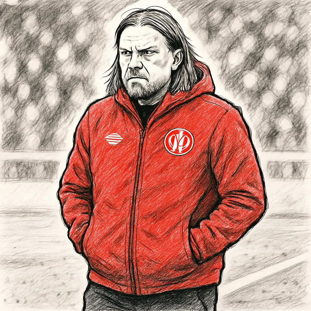 Bo Henriksen, Mainz-træner, står fokuseret på sidelinjen i sin røde klubjakke under en Bundesliga-kamp