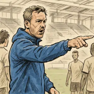Brian Riemer, FCK-cheftræner, iført blå træningsjakke, instruerer spillere under træning på stadion.