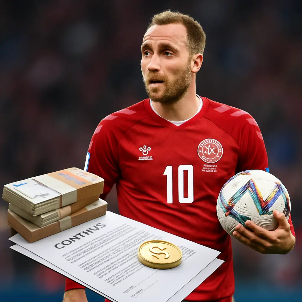 Christian Eriksen i landsholdstrøje med bold – symbol på stjernespillerens løn, kontrakt og markedsværdi