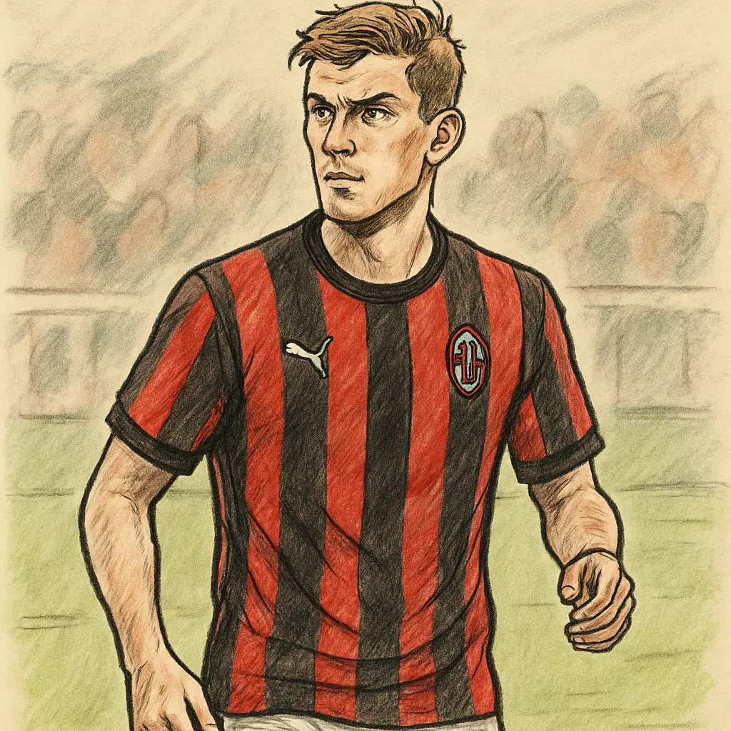 Christian Nørgaard iført rød-sort AC Milan-trøje på banen, i fokus for sin løn i 2024.