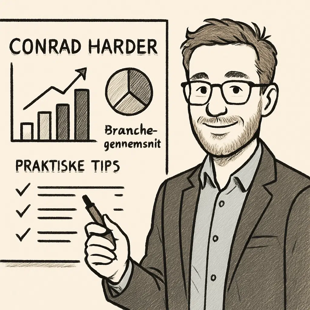 Conrad Harder i kontormiljø med dokumenter og grafikker, der illustrerer lønforhandling, bonus og hans vej til topindkomst