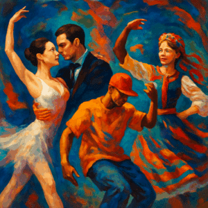 Dansere i ballet, tango, hiphop og folkedans i farverig collage