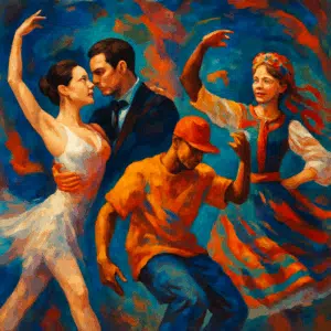 Dansere i ballet, tango, hiphop og folkedans i farverig collage