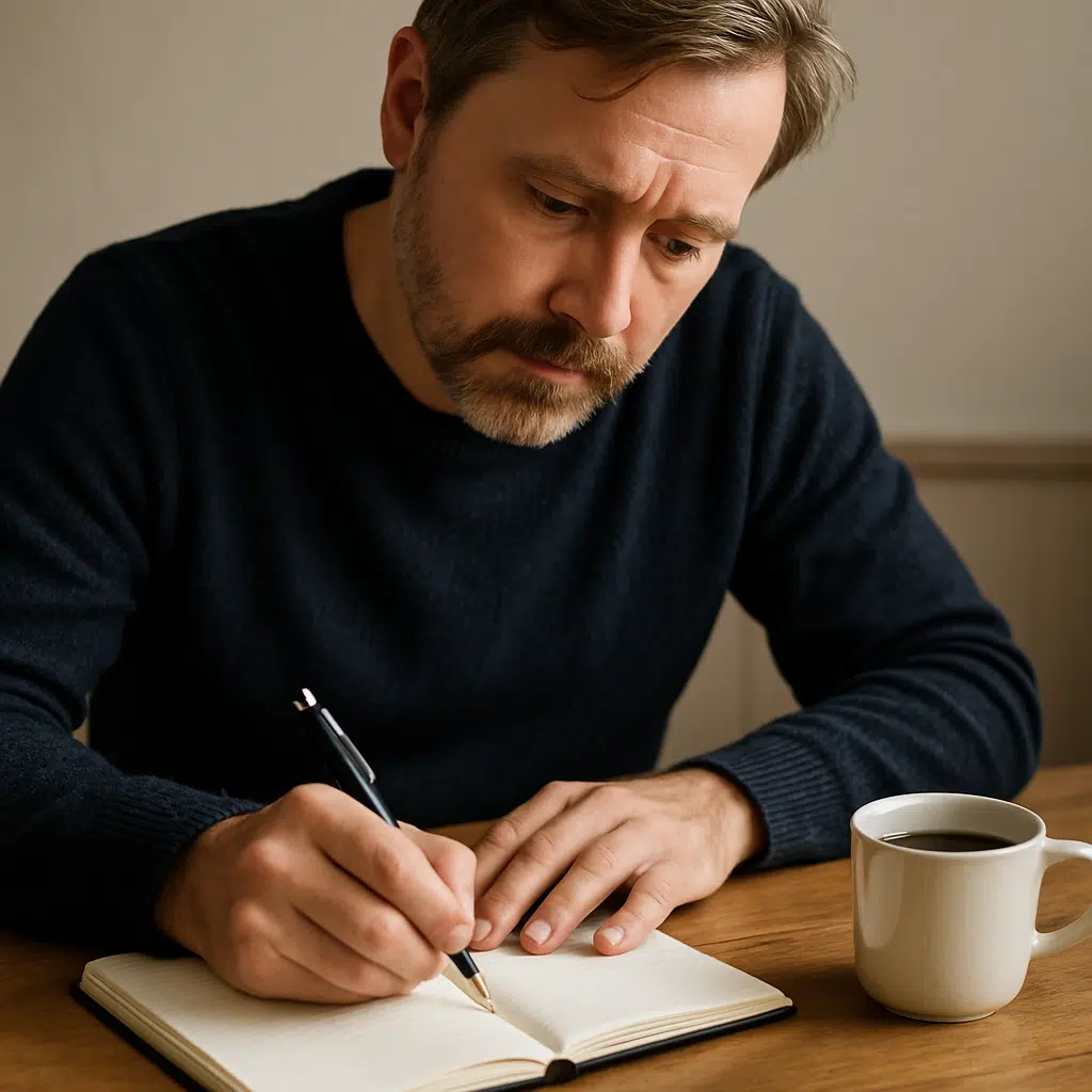 Hænder med pen skriver i notesbog – dansk forfatter i arbejde ved træbord med kaffekop