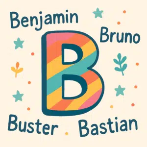 Illustration af et stort, farverigt bogstav B omgivet af eksempler på drengenavne som Benjamin, Bruno, Buster og Bastian.