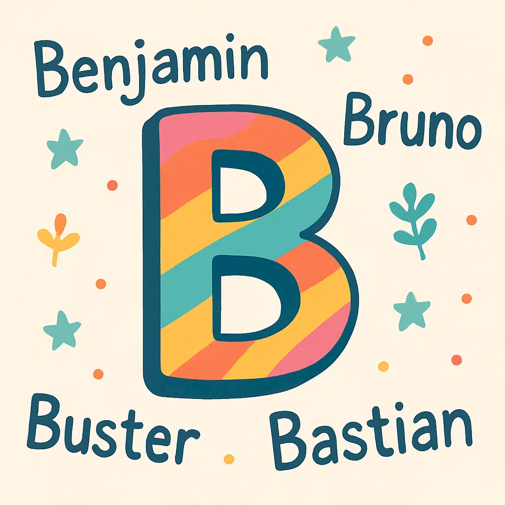 Illustration af et stort, farverigt bogstav B omgivet af eksempler på drengenavne som Benjamin, Bruno, Buster og Bastian.