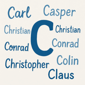 Illustration af drengenavne, der starter med C: et stort bogstav “C” i midten omgivet af navne som Carl, Casper og Christian i blå toner.