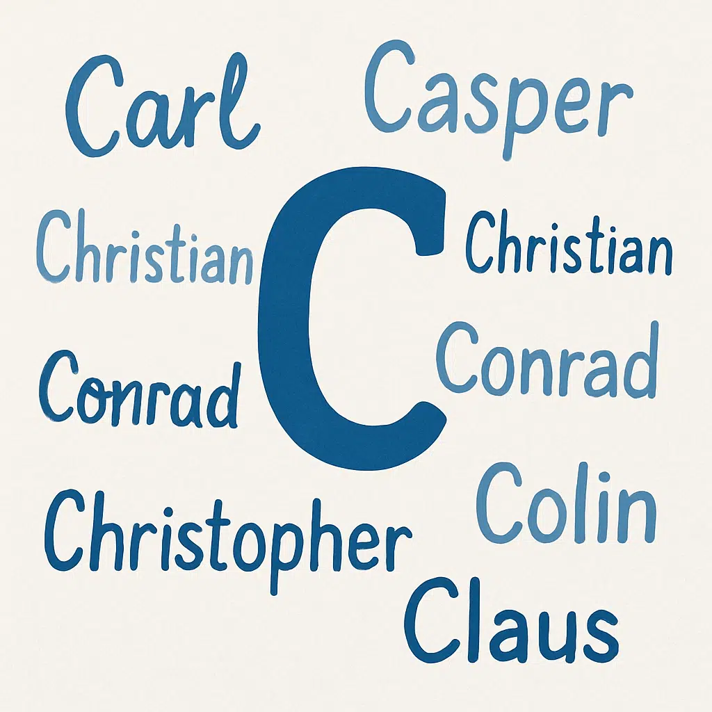 Illustration af drengenavne, der starter med C: et stort bogstav “C” i midten omgivet af navne som Carl, Casper og Christian i blå toner.