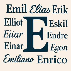 Illustration af et stort bogstav E omgivet af populære drengenavne som Emil, Elias og Erik i moderne og klassiske skrifttyper.