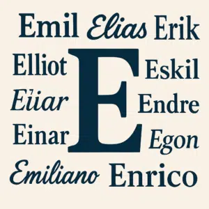 Illustration af et stort bogstav E omgivet af populære drengenavne som Emil, Elias og Erik i moderne og klassiske skrifttyper.