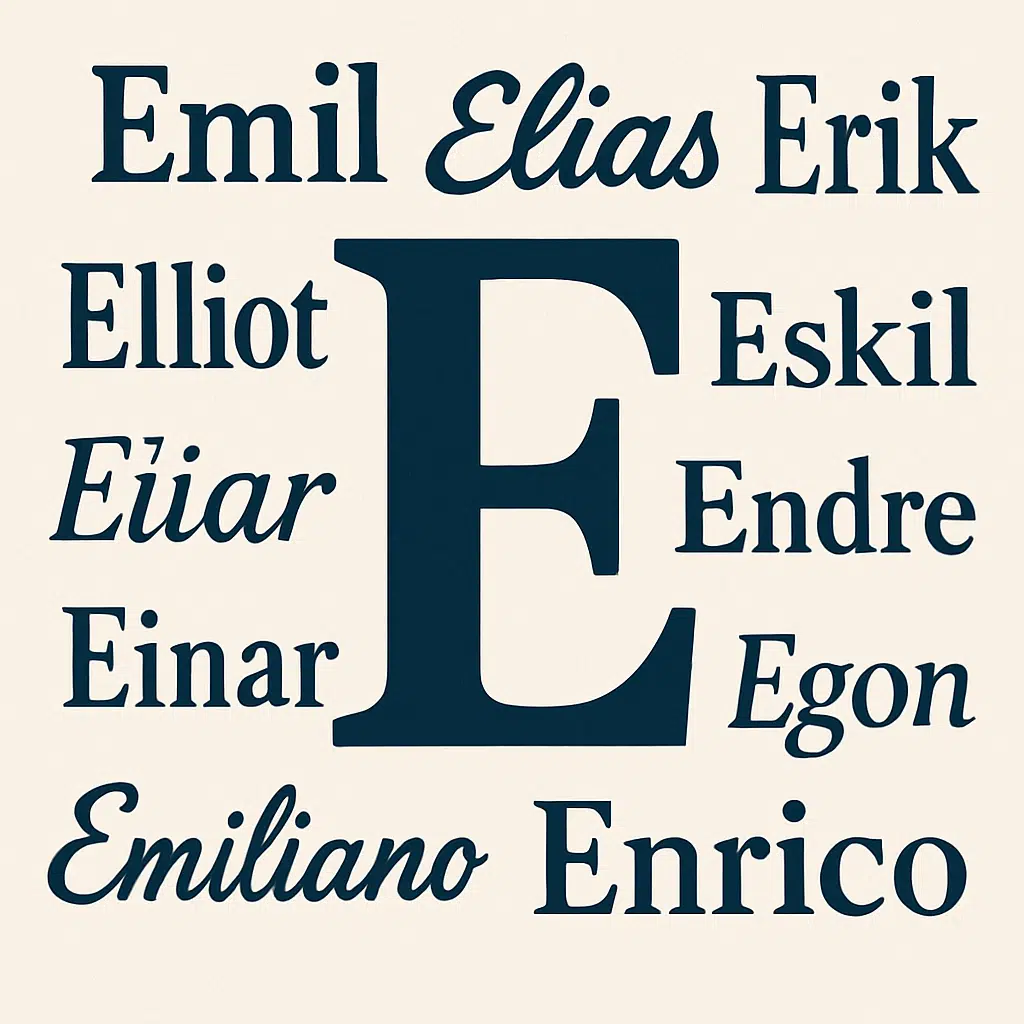 Illustration af et stort bogstav E omgivet af populære drengenavne som Emil, Elias og Erik i moderne og klassiske skrifttyper.
