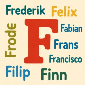 Illustration af store, farverige bogstaver “F” med eksempler på unikke drengenavne, der starter med F.