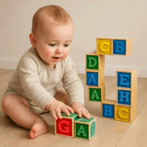 Babydreng leger med farverige bogstavklodser, der danner bogstavet G – inspiration til drengenavne der starter med G