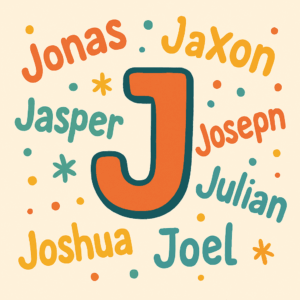 Illustration af bogstavet J omgivet af forslag til drengenavne som Jakob, Jonas og Jaxon i legende farver