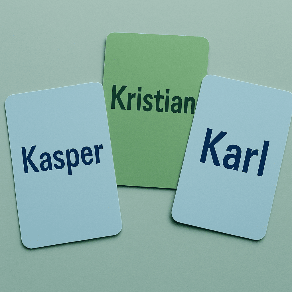 Blå og grønne kort med populære drengenavne som Kasper, Kristian, Karl – alle starter med K