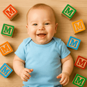 Smilende baby omgivet af farverige bogstavklodser med M, der symboliserer drengenavne, der starter med M