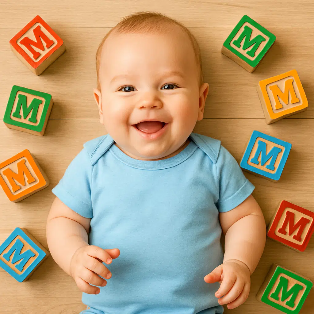 Smilende baby omgivet af farverige bogstavklodser med M, der symboliserer drengenavne, der starter med M
