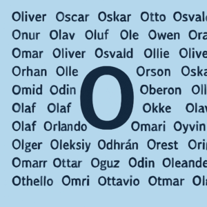 Illustration af bogstavet O omgivet af 50 unikke drengenavne med betydning på en enkel lyseblå baggrund.