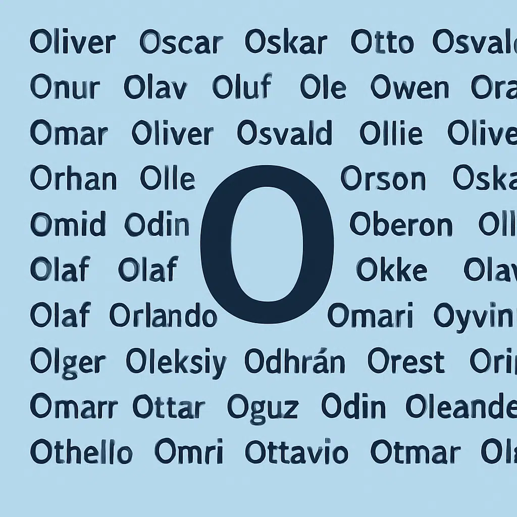 Illustration af bogstavet O omgivet af 50 unikke drengenavne med betydning på en enkel lyseblå baggrund.