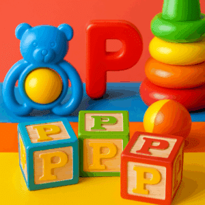 Babyblokke og legetøj med bogstavet P i klare farver, symboliserer inspirerende drengenavne som Peter, Philip og Patrick.