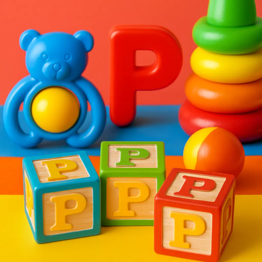 Babyblokke og legetøj med bogstavet P i klare farver, symboliserer inspirerende drengenavne som Peter, Philip og Patrick.