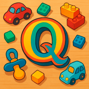 Farverig illustration af bogstavet “Q” omgivet af legetøjsbiler, klodser og en sut – symbol på unikke og sjove drengenavne, der starter med Q.