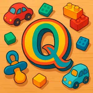 Farverig illustration af bogstavet “Q” omgivet af legetøjsbiler, klodser og en sut – symbol på unikke og sjove drengenavne, der starter med Q.