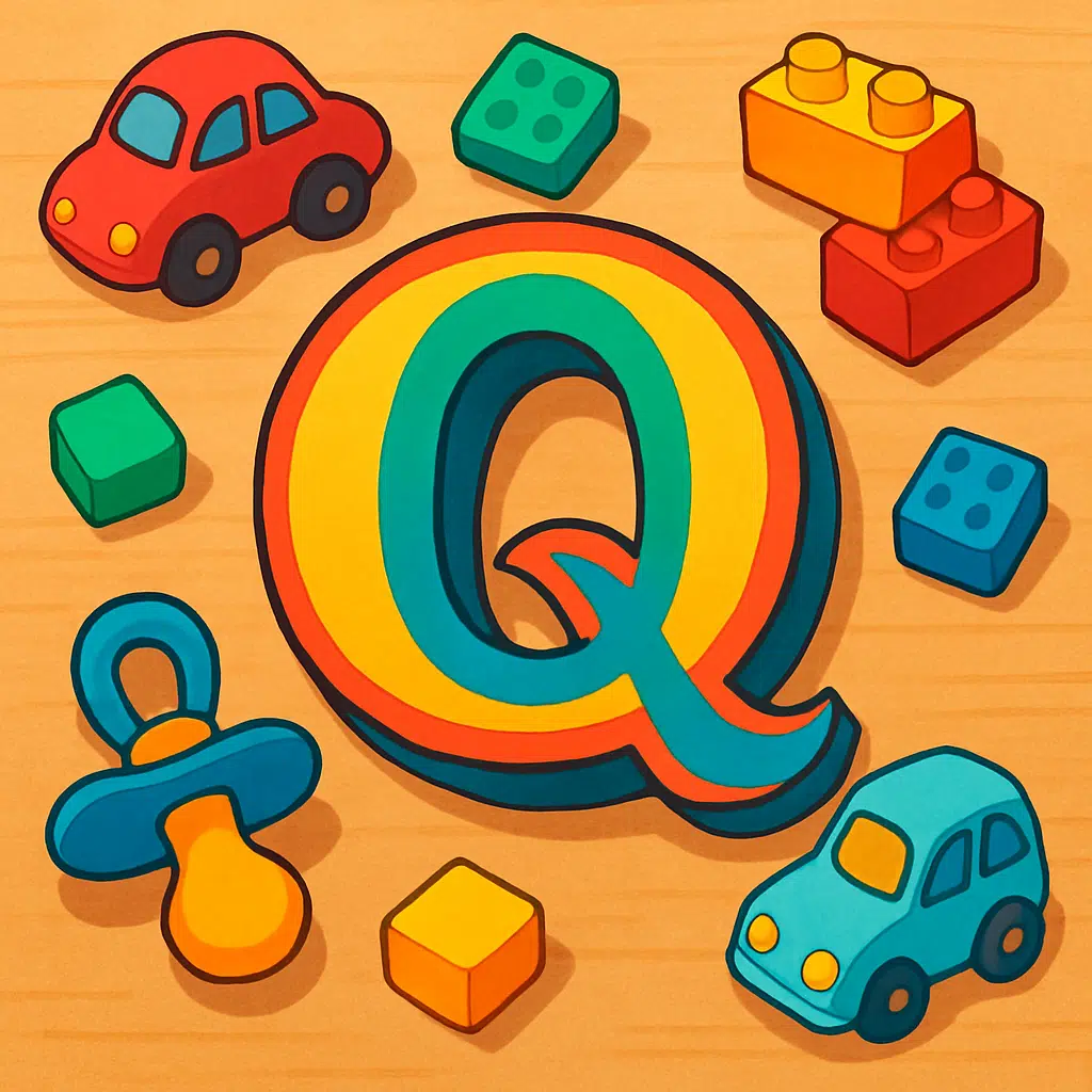 Farverig illustration af bogstavet “Q” omgivet af legetøjsbiler, klodser og en sut – symbol på unikke og sjove drengenavne, der starter med Q.