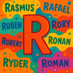 Farverig illustration af bogstavet R omgivet af populære drengenavne der starter med R som Rasmus, Ruben og Ronan