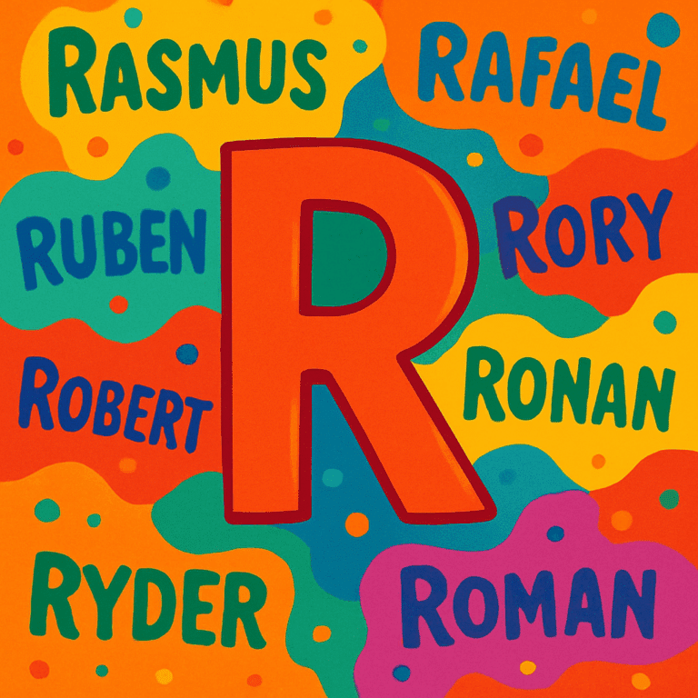 Farverig illustration af bogstavet R omgivet af populære drengenavne der starter med R som Rasmus, Ruben og Ronan