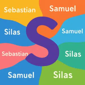 Bogstavet S midt på farverig baggrund med eksempler på drengenavne som Sebastian, Samuel og Silas