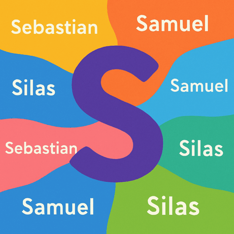 Bogstavet S midt på farverig baggrund med eksempler på drengenavne som Sebastian, Samuel og Silas