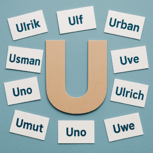 Papirbogstavet ’U’ omgivet af navnekort med unikke drengenavne, der starter med U