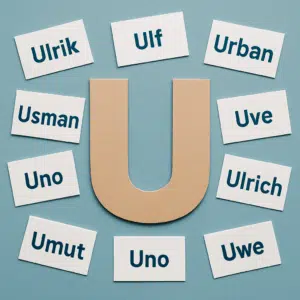 Papirbogstavet ’U’ omgivet af navnekort med unikke drengenavne, der starter med U