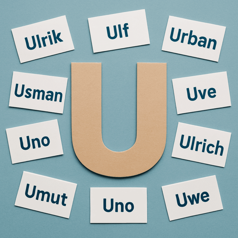 Papirbogstavet ’U’ omgivet af navnekort med unikke drengenavne, der starter med U