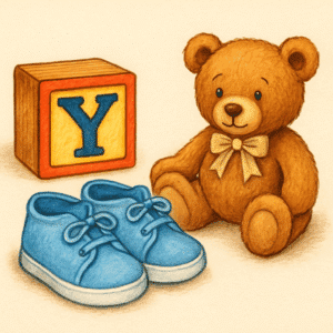 Illustration af farverige blokbogstaver Y, babysko og bamse – inspiration til drengenavne, der starter med Y