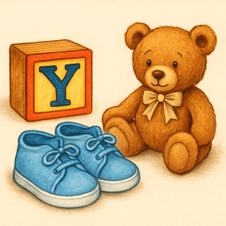Illustration af farverige blokbogstaver Y, babysko og bamse – inspiration til drengenavne, der starter med Y
