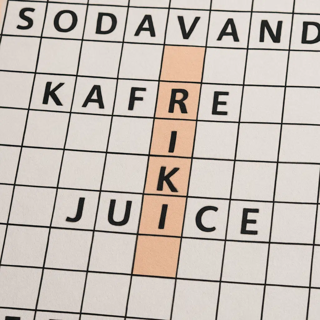 Nærbillede af krydsord med tema drik, hvor løsningsord som kaffe, sodavand og juice er fremhævet