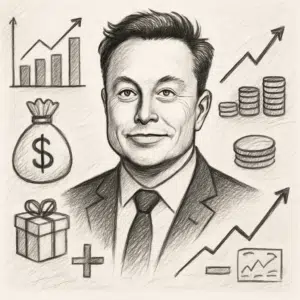 Portræt af Elon Musk med finansdiagrammer og ikoner, der illustrerer elon musk løn, bonusser og aktieoptioner.