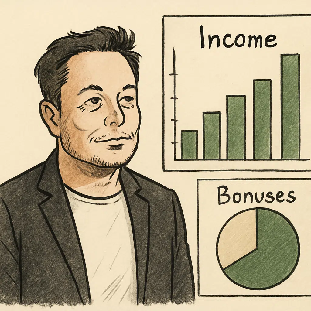 Portræt af Elon Musk med finansdiagrammer og ikoner, der illustrerer elon musk løn, bonusser og aktieoptioner.