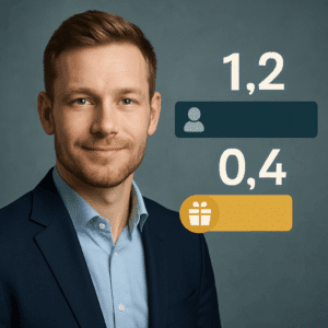 Portræt af Emil Nielsen med infografik, der illustrerer hans årsløn og bonuspakke for 2024