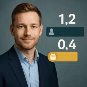 Portræt af Emil Nielsen med infografik, der illustrerer hans årsløn og bonuspakke for 2024